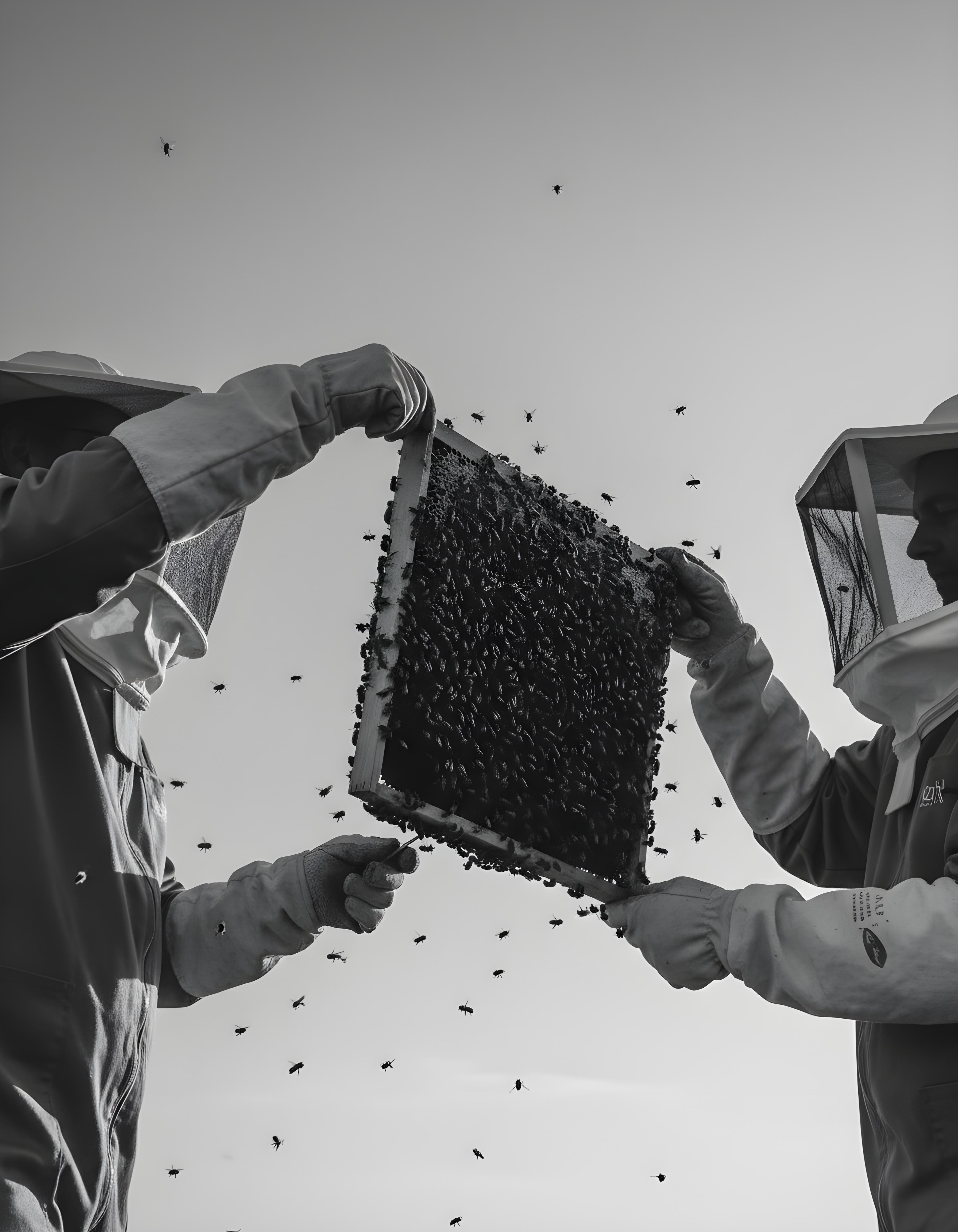 Beekeepers holding a honeycomb frame with bees for Black Forest honey used in Maison Dieux Père vodka macérat.