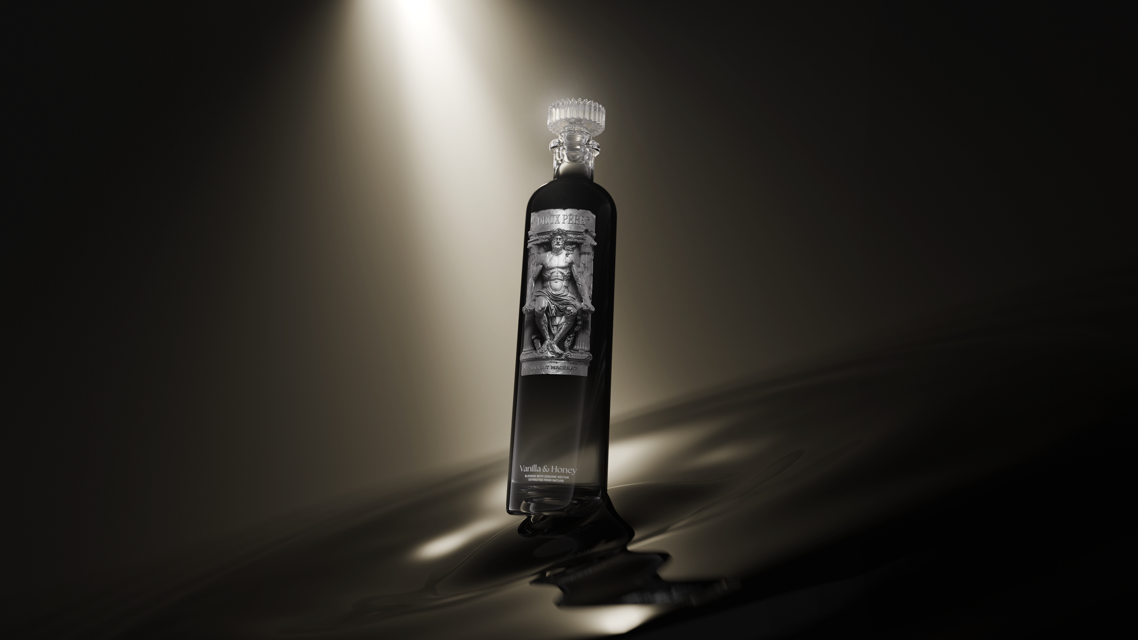 Maison Dieux Père Edition One bottle with honey and vanilla in warm light hovering over a dark watery surface