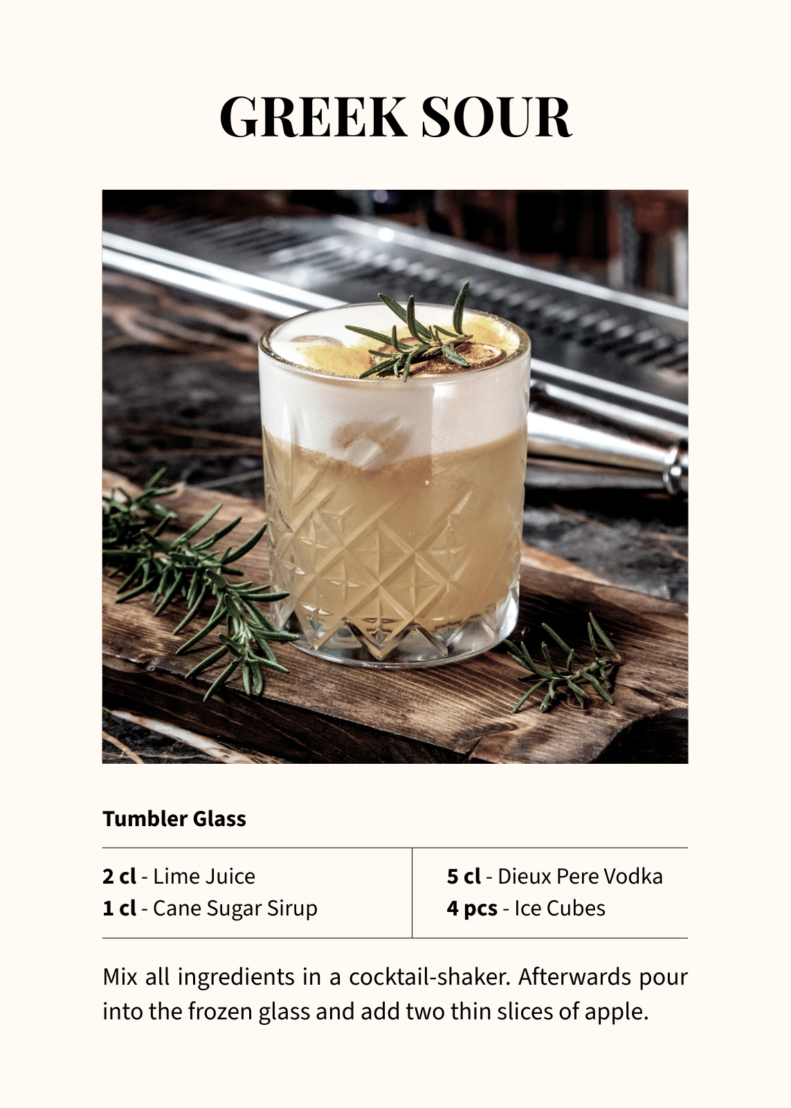 Greek Sour cocktail made with Maison Dieux Père vodka macérat, lime and garnished with rosemary.