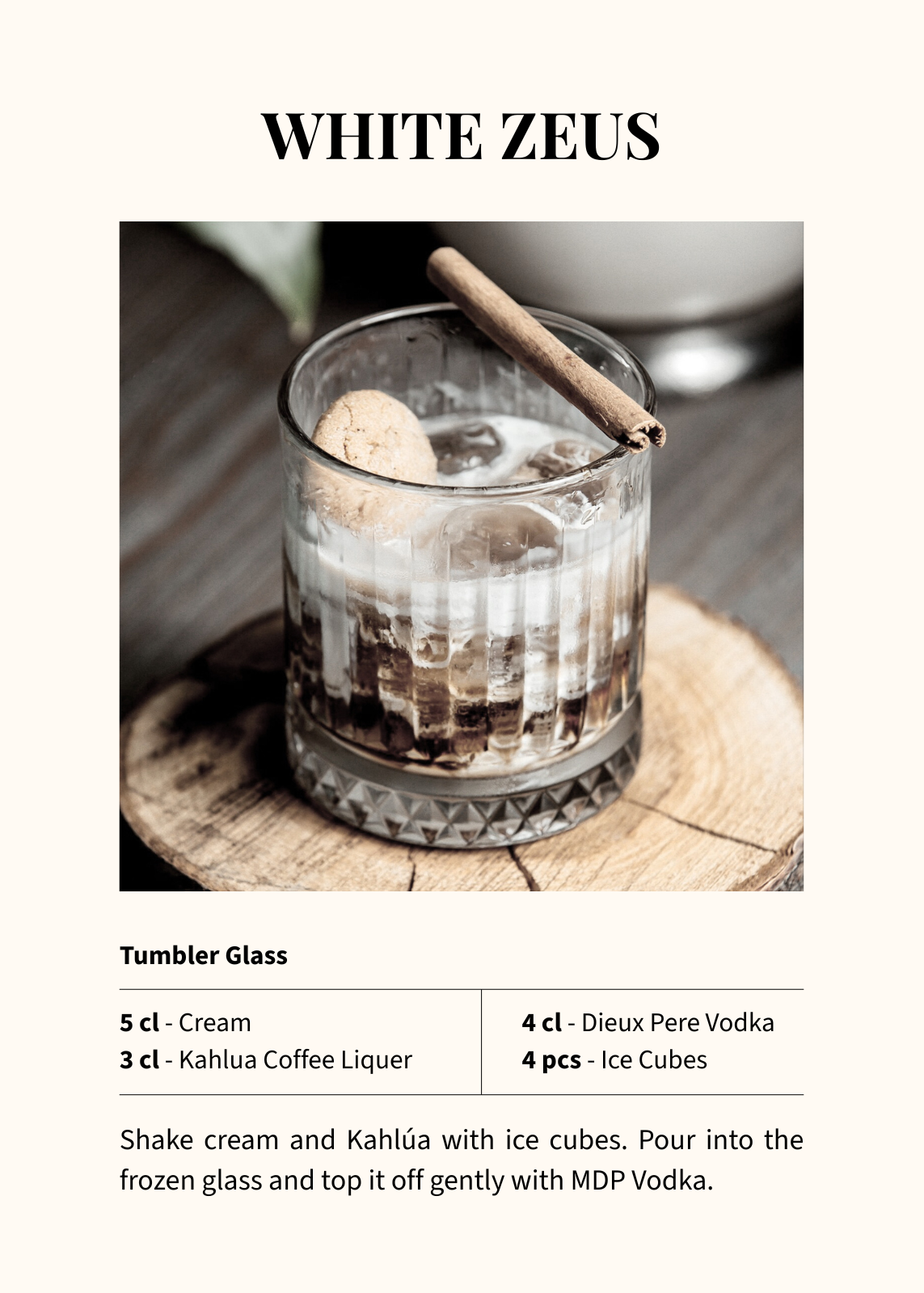 White Zeus cocktail made with Maison Dieux Père vodka macérat, cream and coffee liqueur.