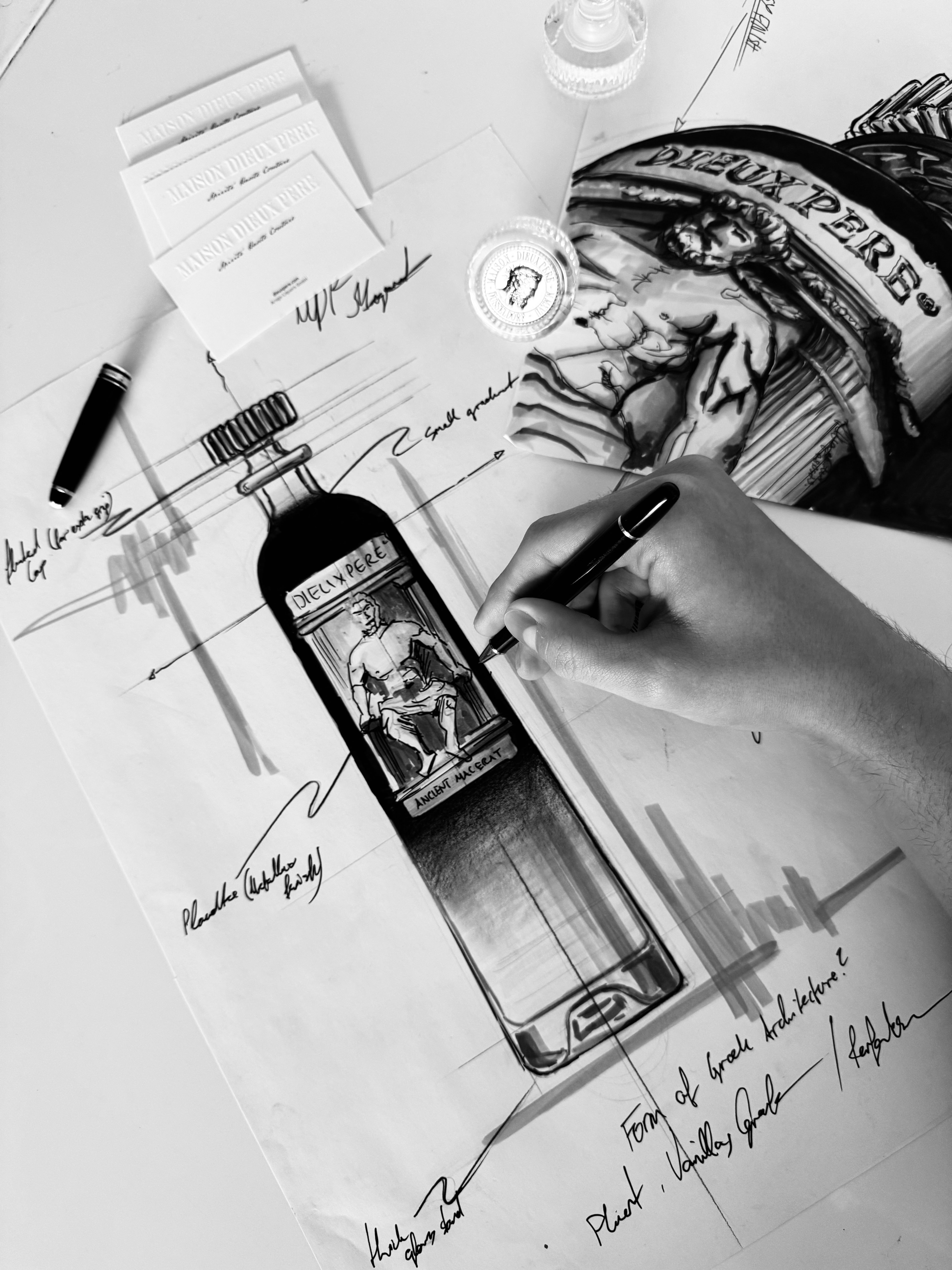 Maison Dieux Père bottle design drawing with handwritten notes and label concept.