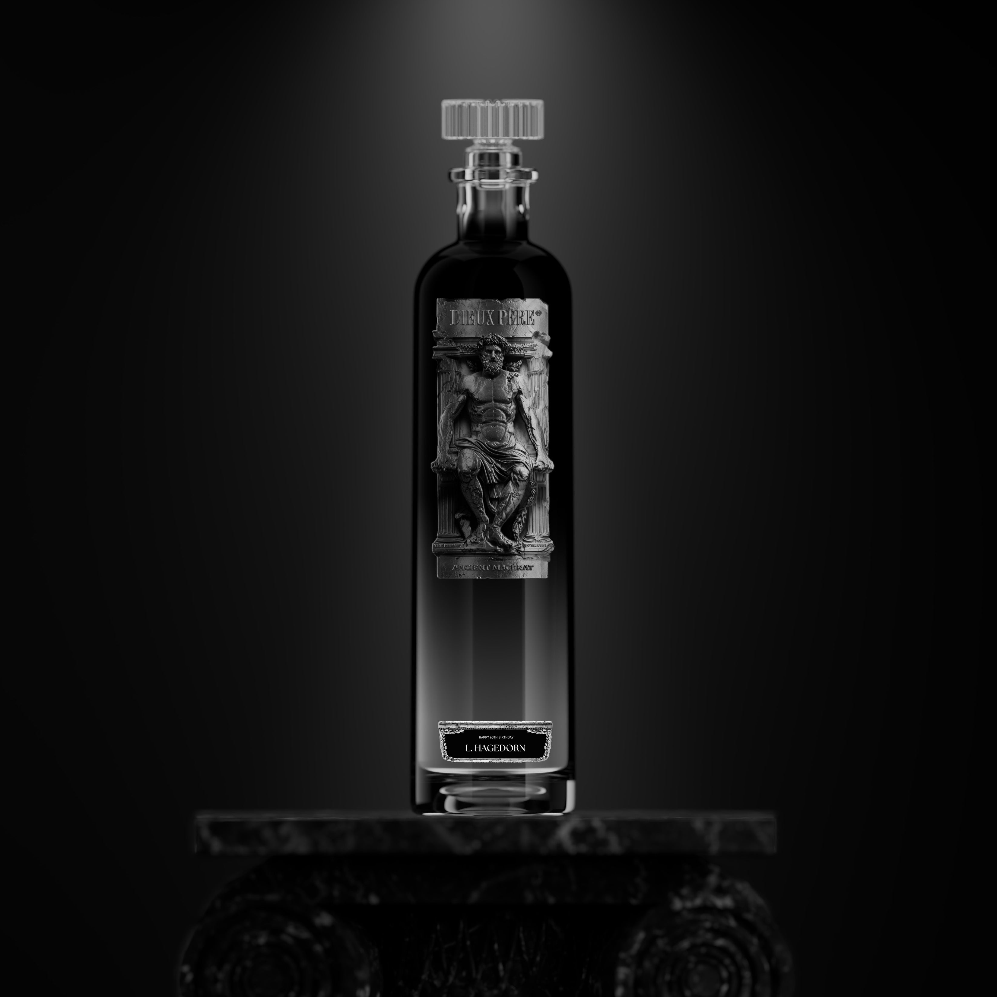 Maison Dieux Père column shaped vodka macérat bottle inspired by Greek mythology.
