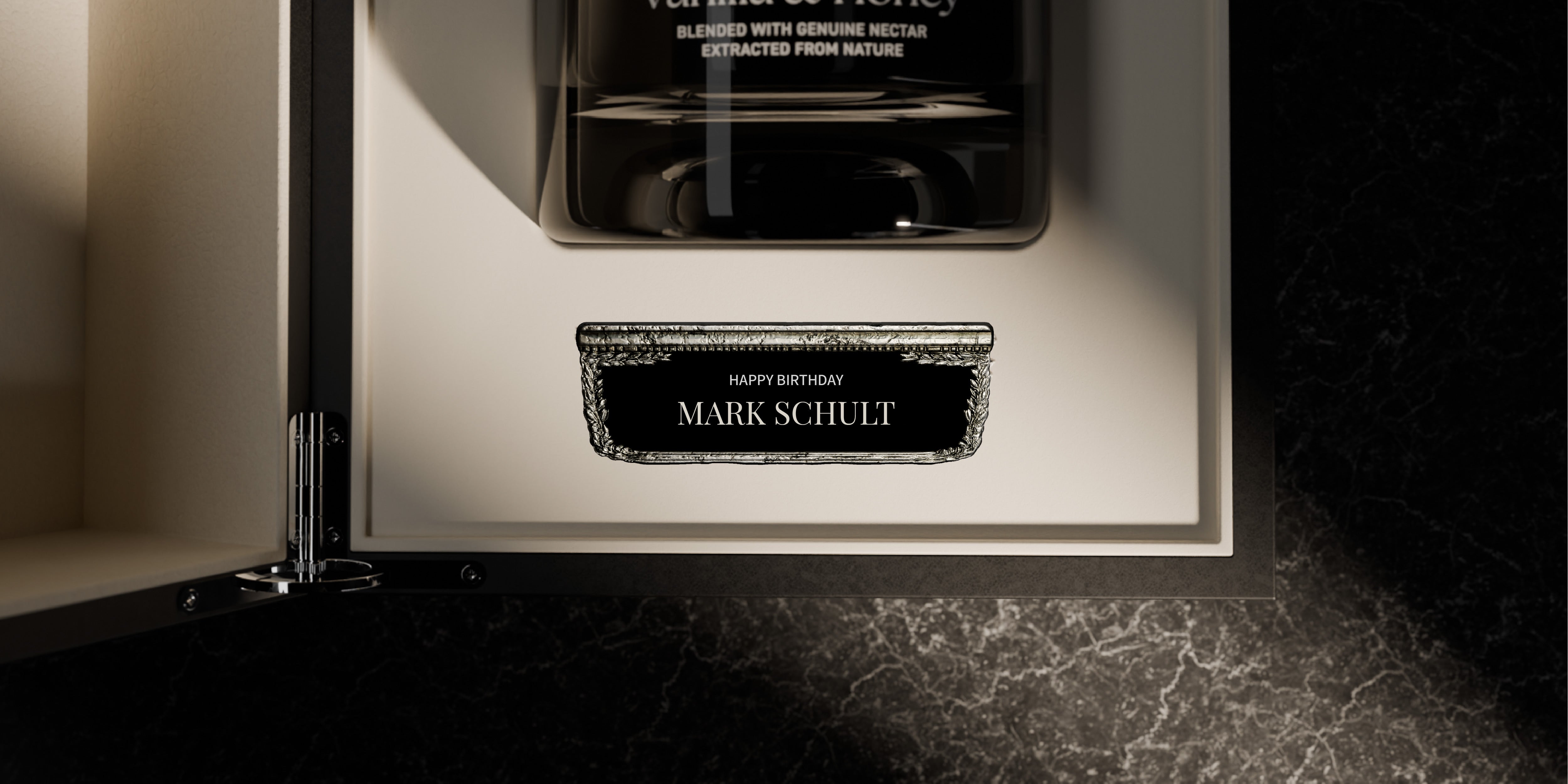 Detail of an engraved Maison Dieux Père metal label with a personalized configuration.
