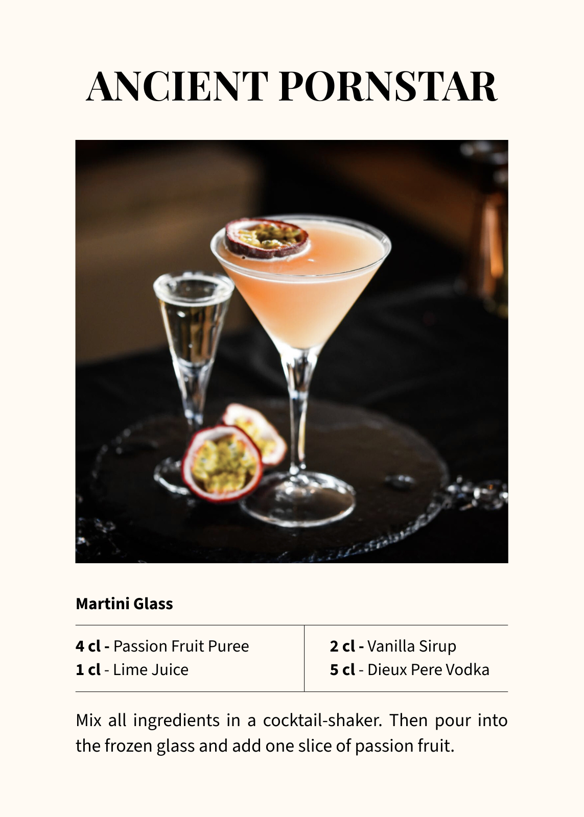 Passion fruit cocktail made with Maison Dieux Père vodka macérat and served in a martini glass.
