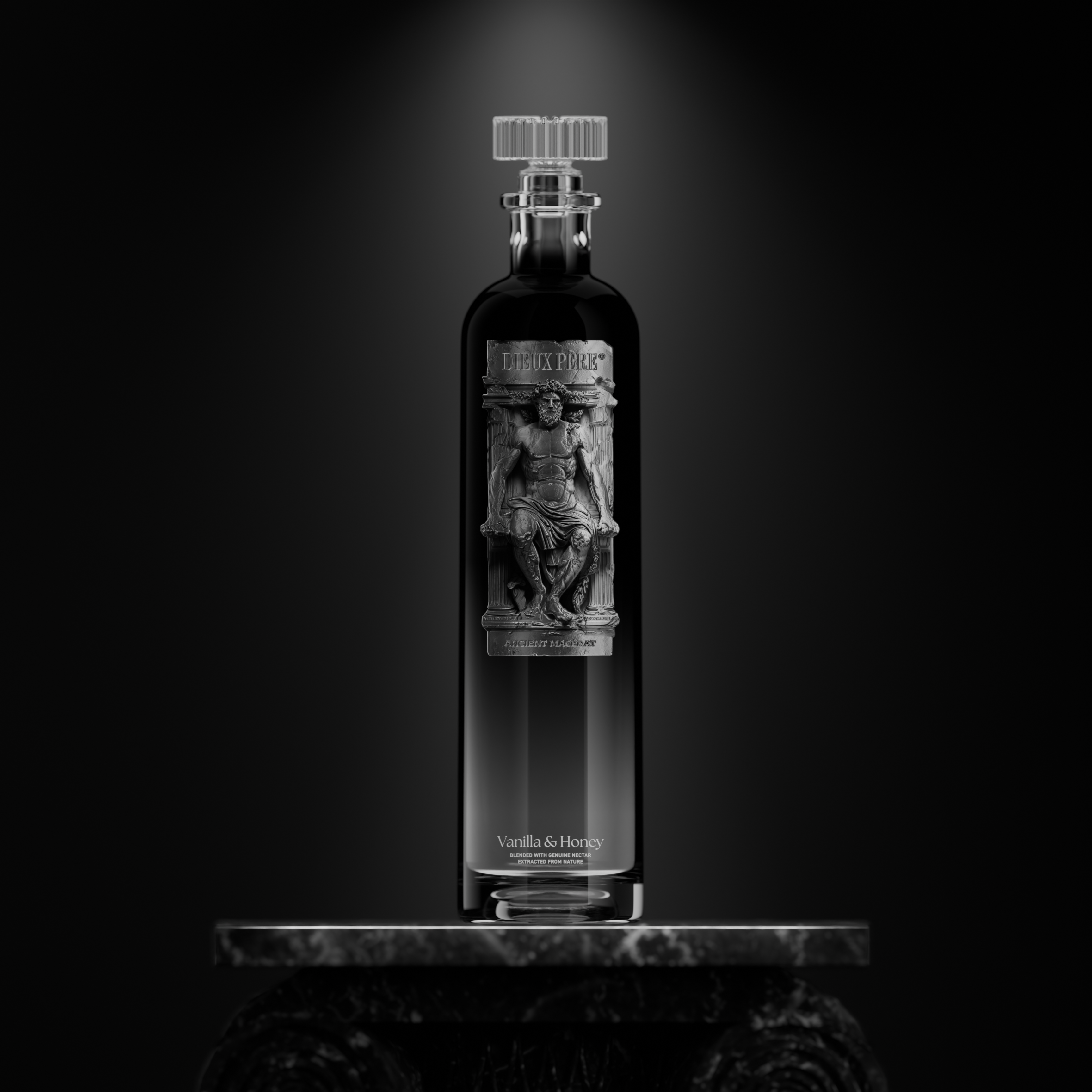 A single Maison Dieux Père bottle being presented on a marble column