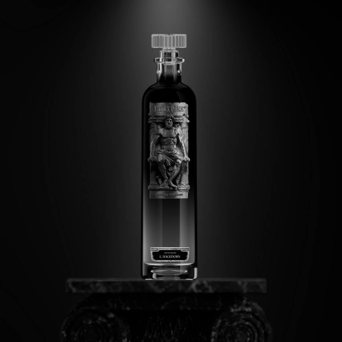 Maison Dieux Père column shaped vodka macérat bottle inspired by Greek mythology.
