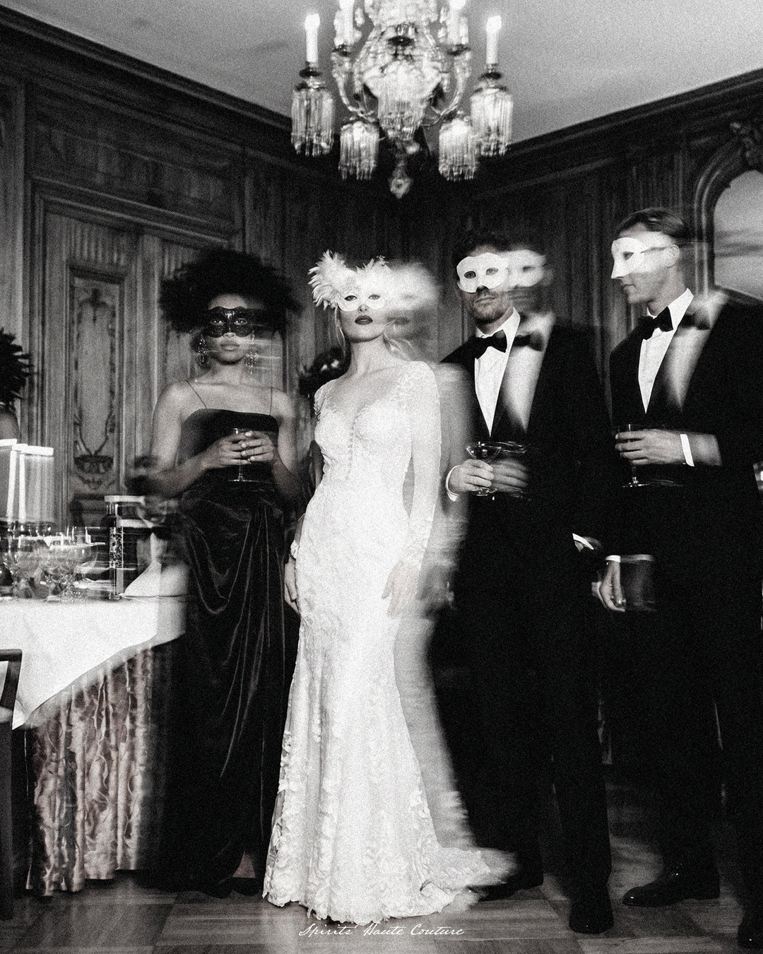 Maison Dieux Père evening event with masked guests in formal attire in Frankfurt.