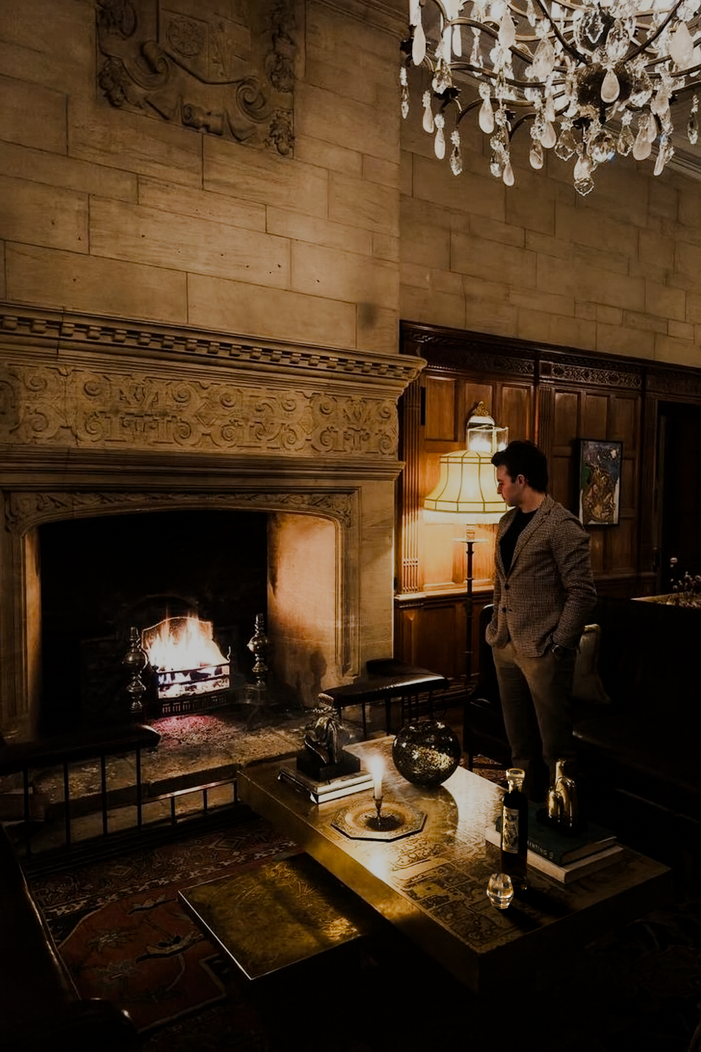 Maison Dieux Père vodka macérat in an elegant hotel and fine dining setting by the fireplace.