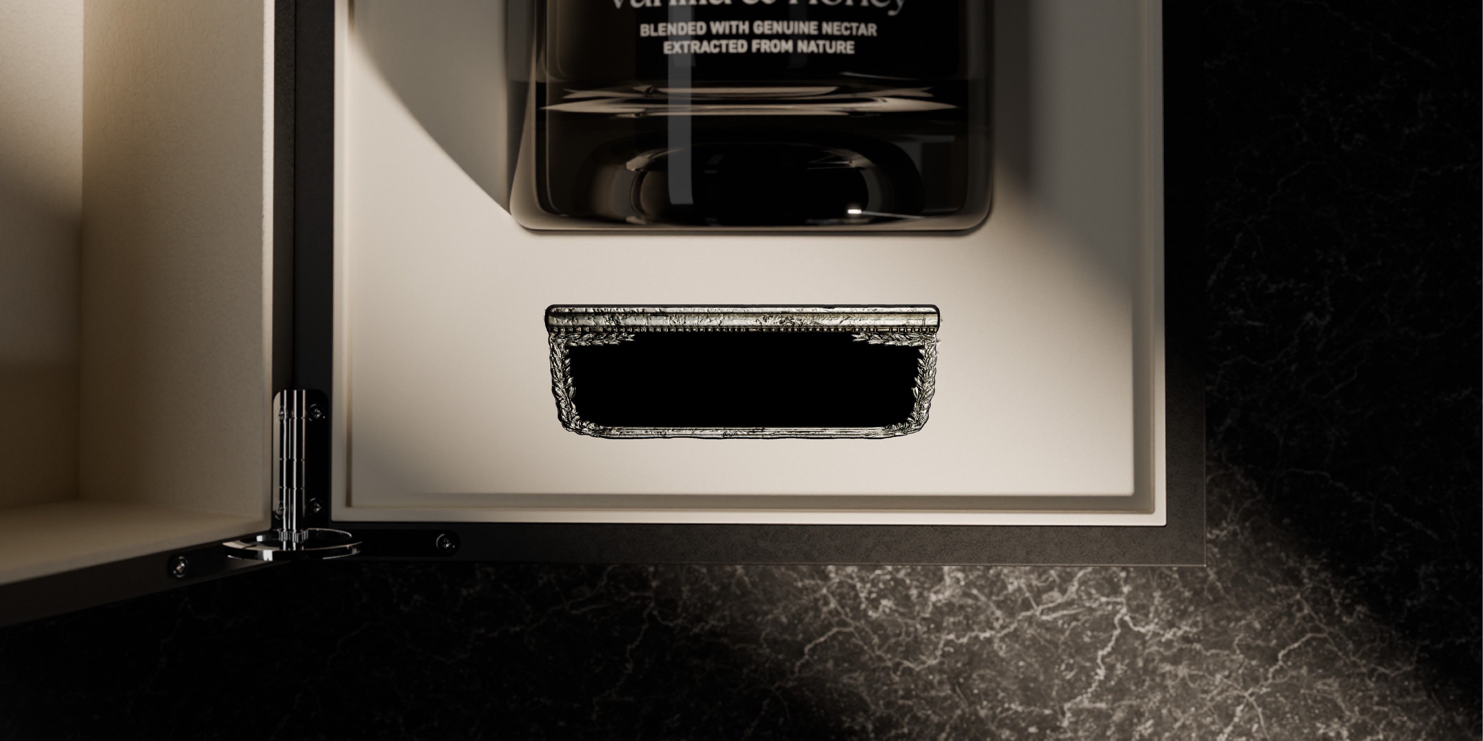 Before view of a personalized Maison Dieux Père metal label inside the gift box of the vodka macérat bottle.