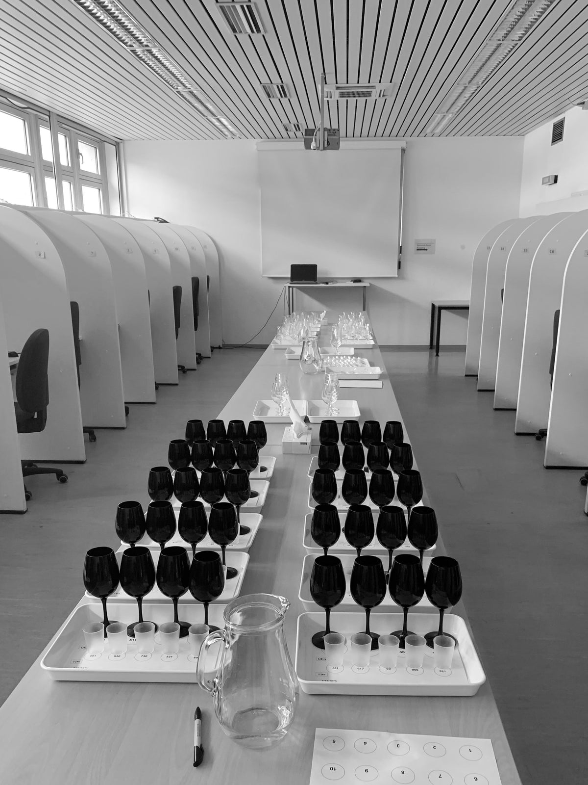 Maison Dieux Père vodka macérat tasting with glasses prepared for degustation.