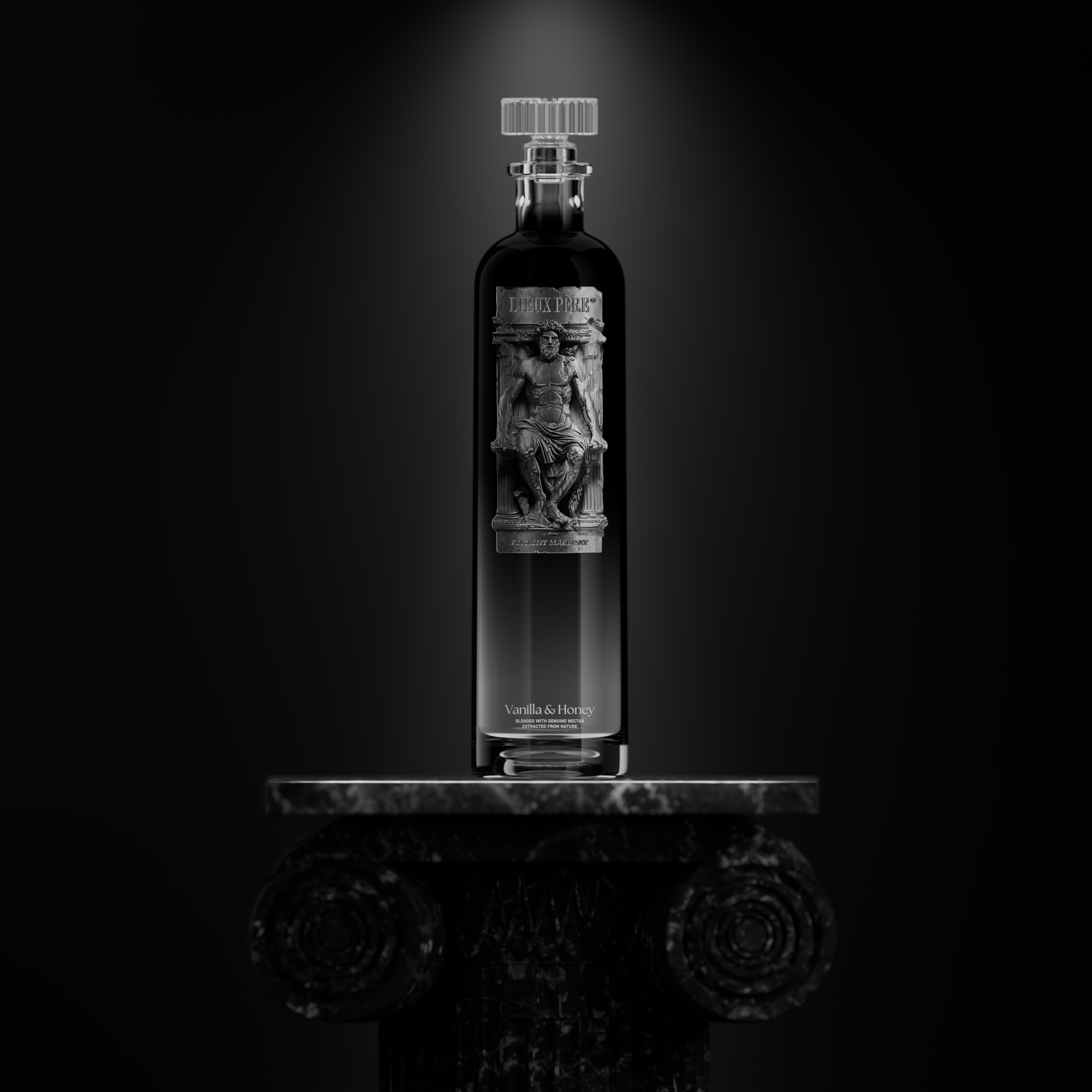 Maison Dieux Père vodka macérat bottle with metal front label and glass stopper. The product is placed on a marble column.