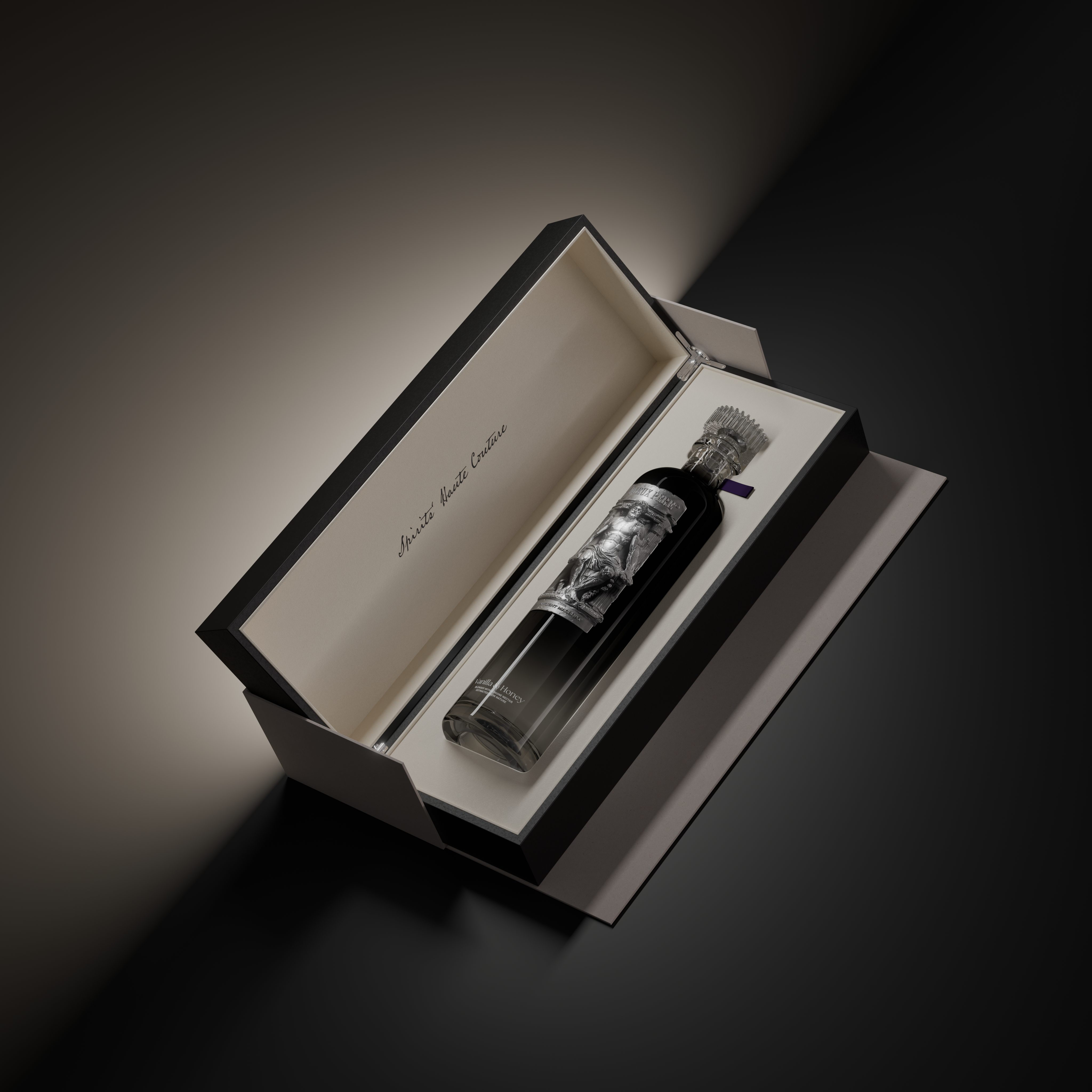 Maison Dieux Père vodka macérat bottle presented in its luxury gift box.